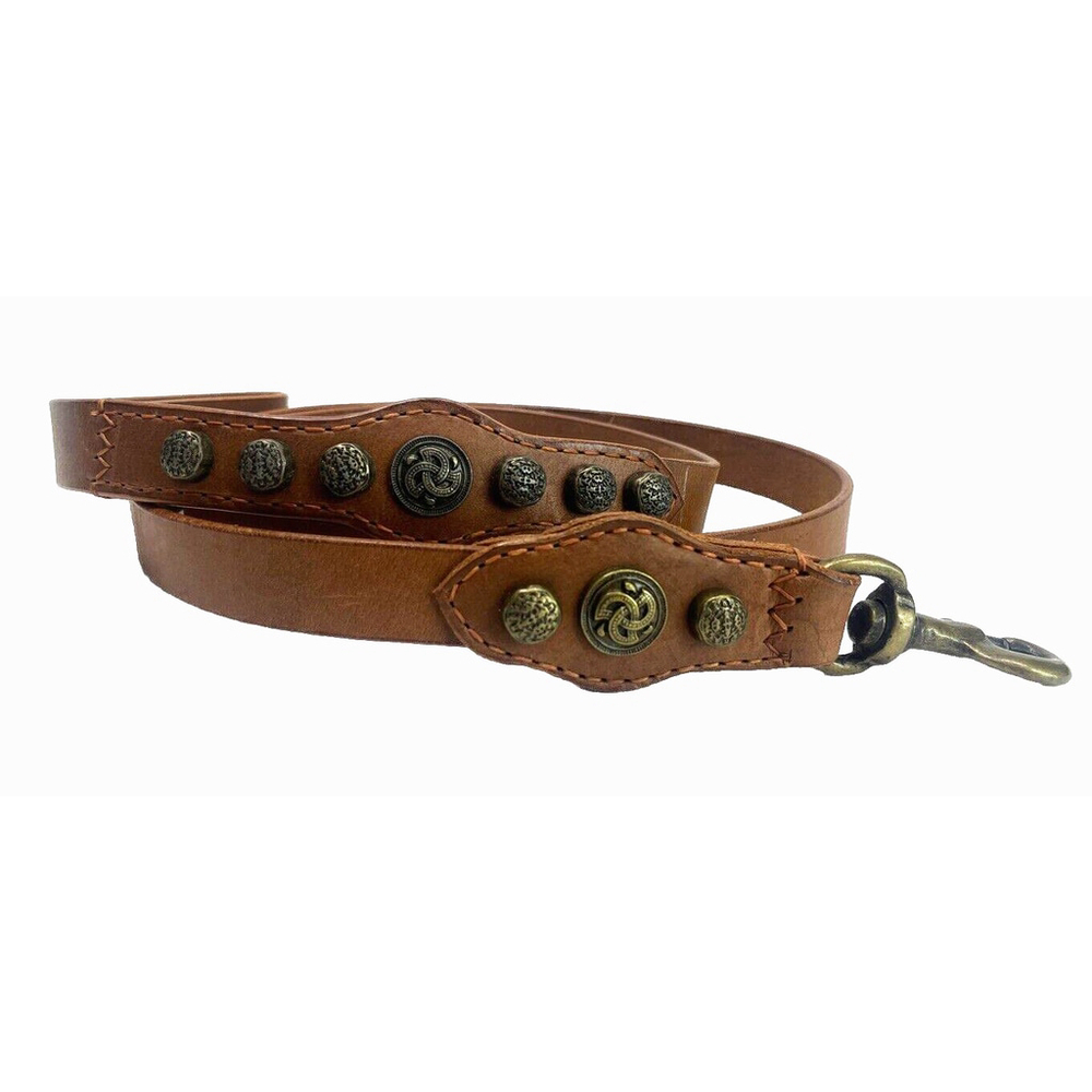 Brown Leather Dog Leash Brass Studded Sheild Nordic Irish Symbol New without tag